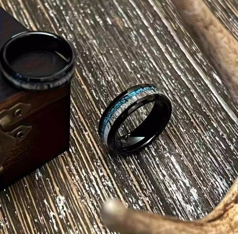 Men's 8mm Tungsten Deer Antler Crushed Turquoise Black Engagement Wedding Band